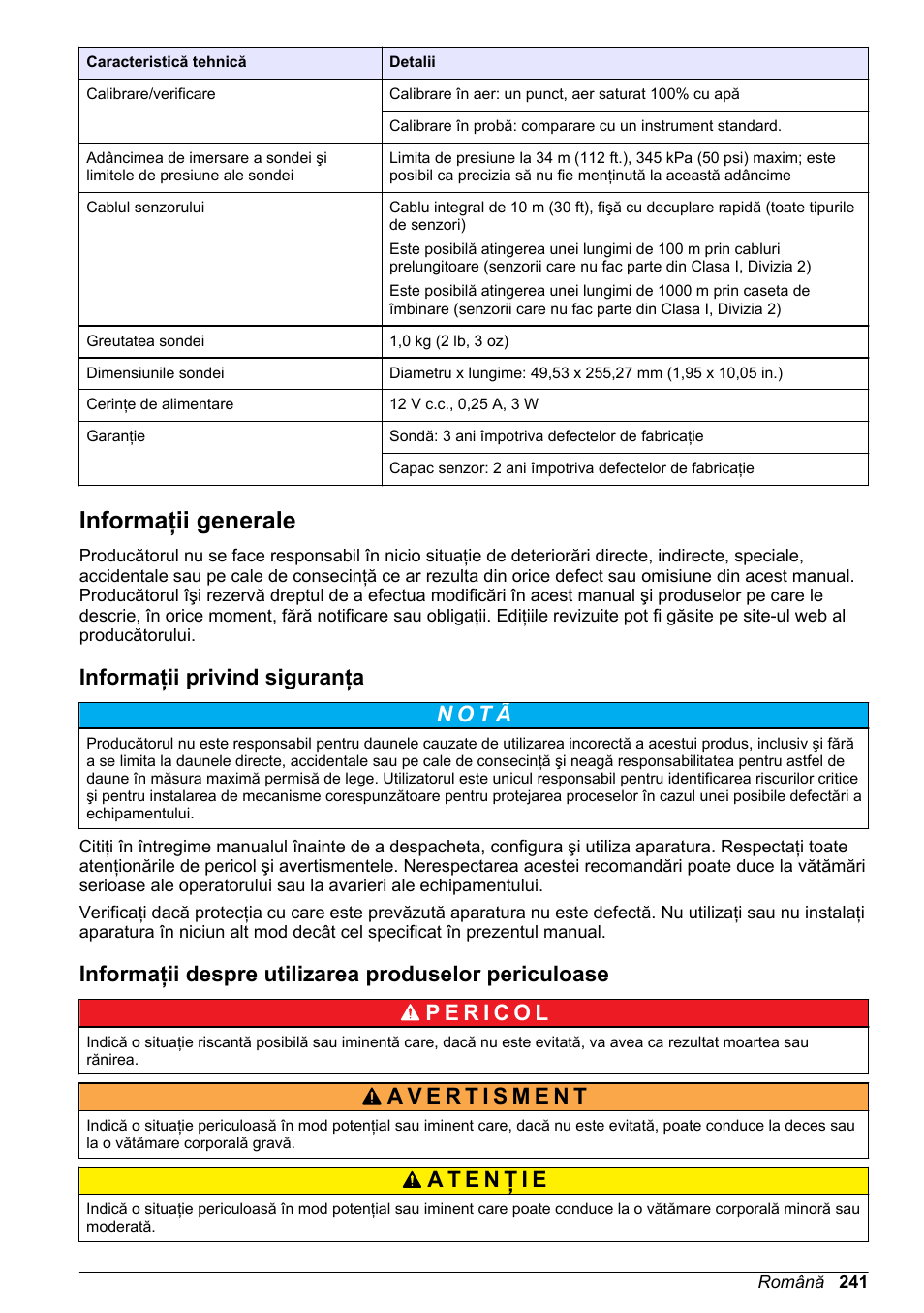 Informaţii generale, Informaţii privind siguranţa | Hach-Lange LDO Sensor User Manual | Page 241 / 394