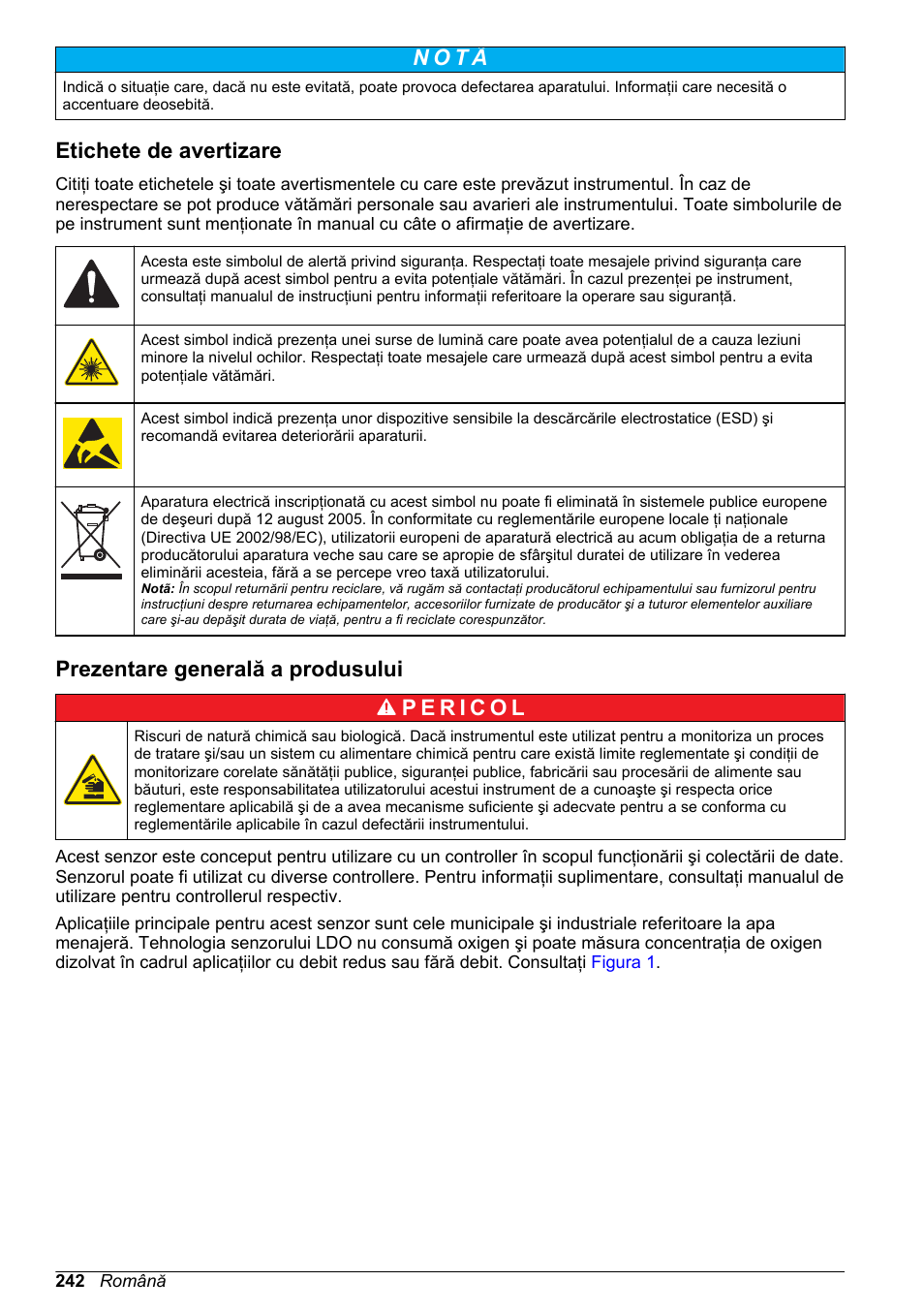 Etichete de avertizare, Prezentare generală a produsului, N o t ã | Hach-Lange LDO Sensor User Manual | Page 242 / 394