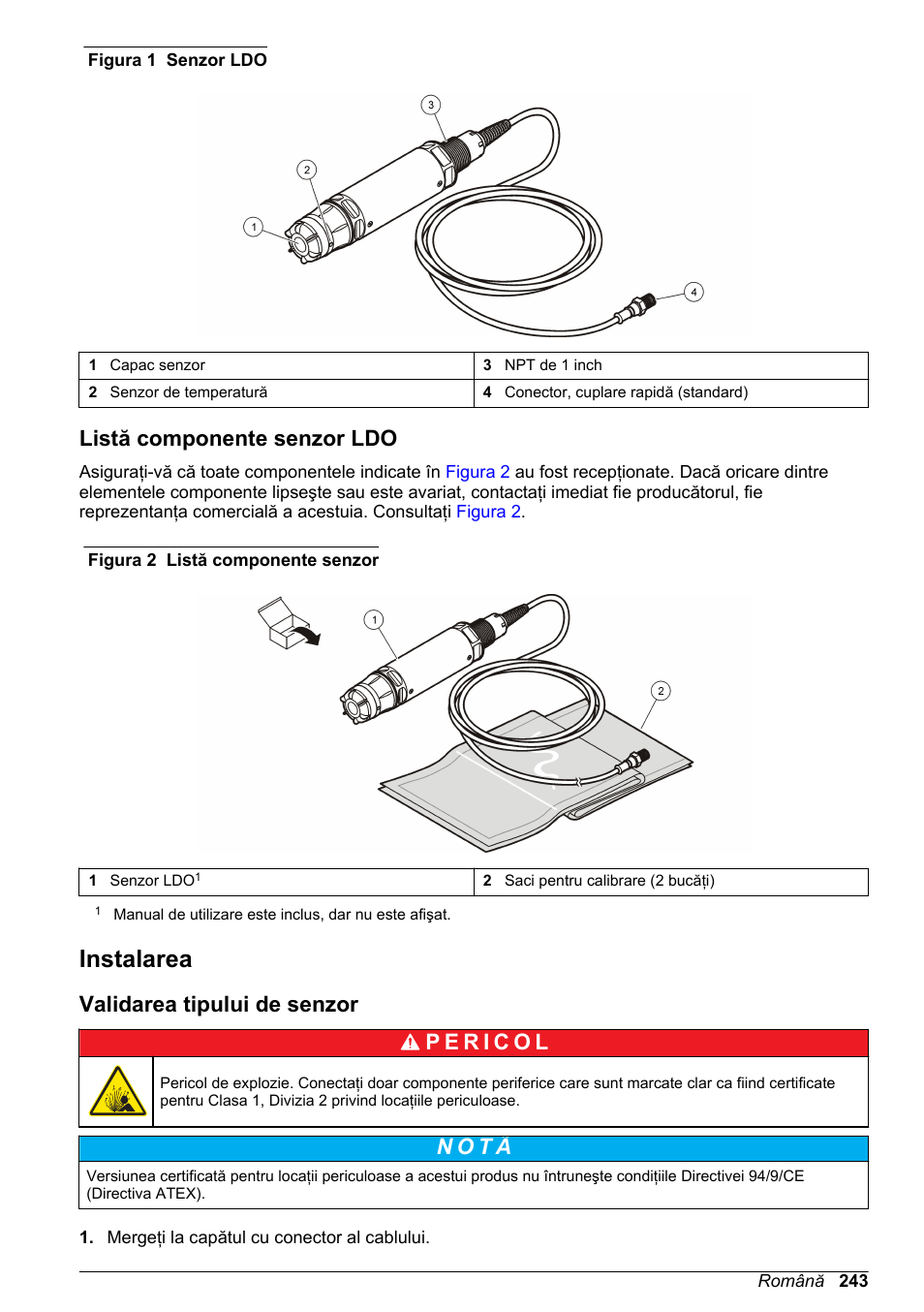 Listă componente senzor ldo, Instalarea, Validarea tipului de senzor | N o t ã | Hach-Lange LDO Sensor User Manual | Page 243 / 394