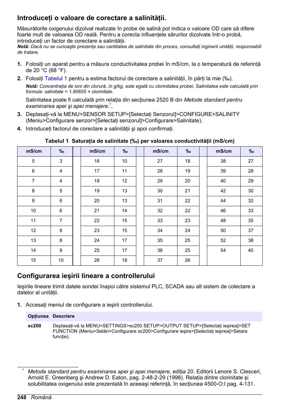 Introduceţi o valoare de corectare a salinităţii, Configurarea ieşirii lineare a controllerului, Introduceţi | O valoare de corectare a salinităţii | Hach-Lange LDO Sensor User Manual | Page 248 / 394