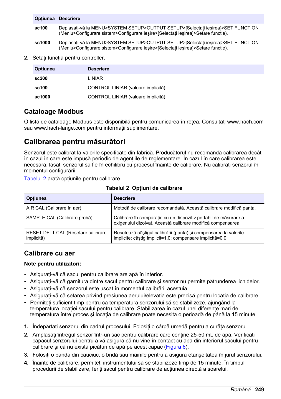 Cataloage modbus, Calibrarea pentru măsurători, Calibrare cu aer | Hach-Lange LDO Sensor User Manual | Page 249 / 394