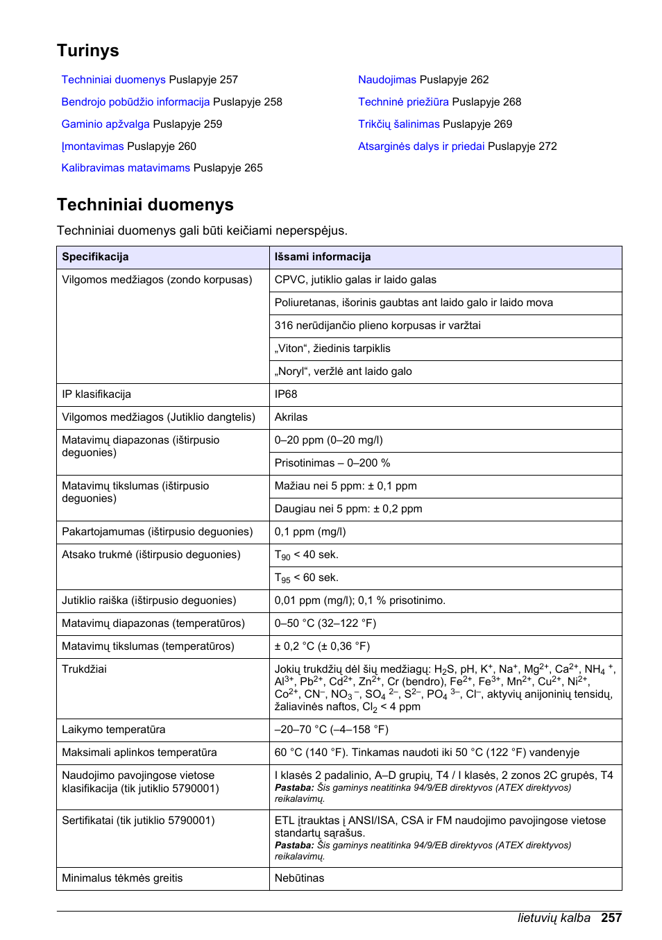 Naudotojo vadovas, Turinys, Techniniai duomenys | Lietuvių kalba, Techniniai duomenys gali būti keičiami neperspėjus, Lietuvių kalba 257 | Hach-Lange LDO Sensor User Manual | Page 257 / 394