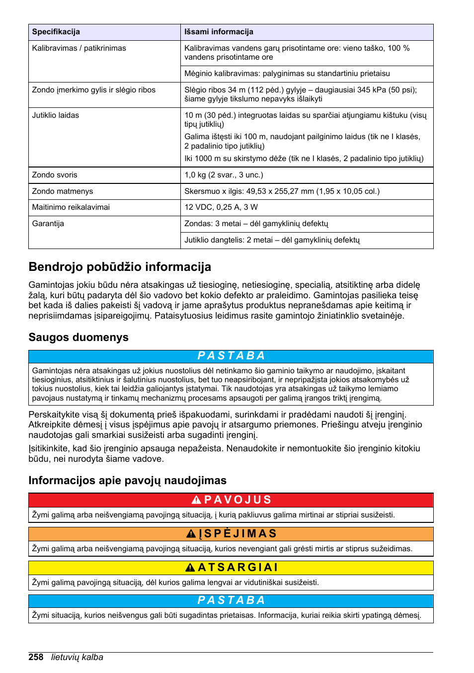 Bendrojo pobūdžio informacija, Saugos duomenys, Informacijos apie pavojų naudojimas | Hach-Lange LDO Sensor User Manual | Page 258 / 394