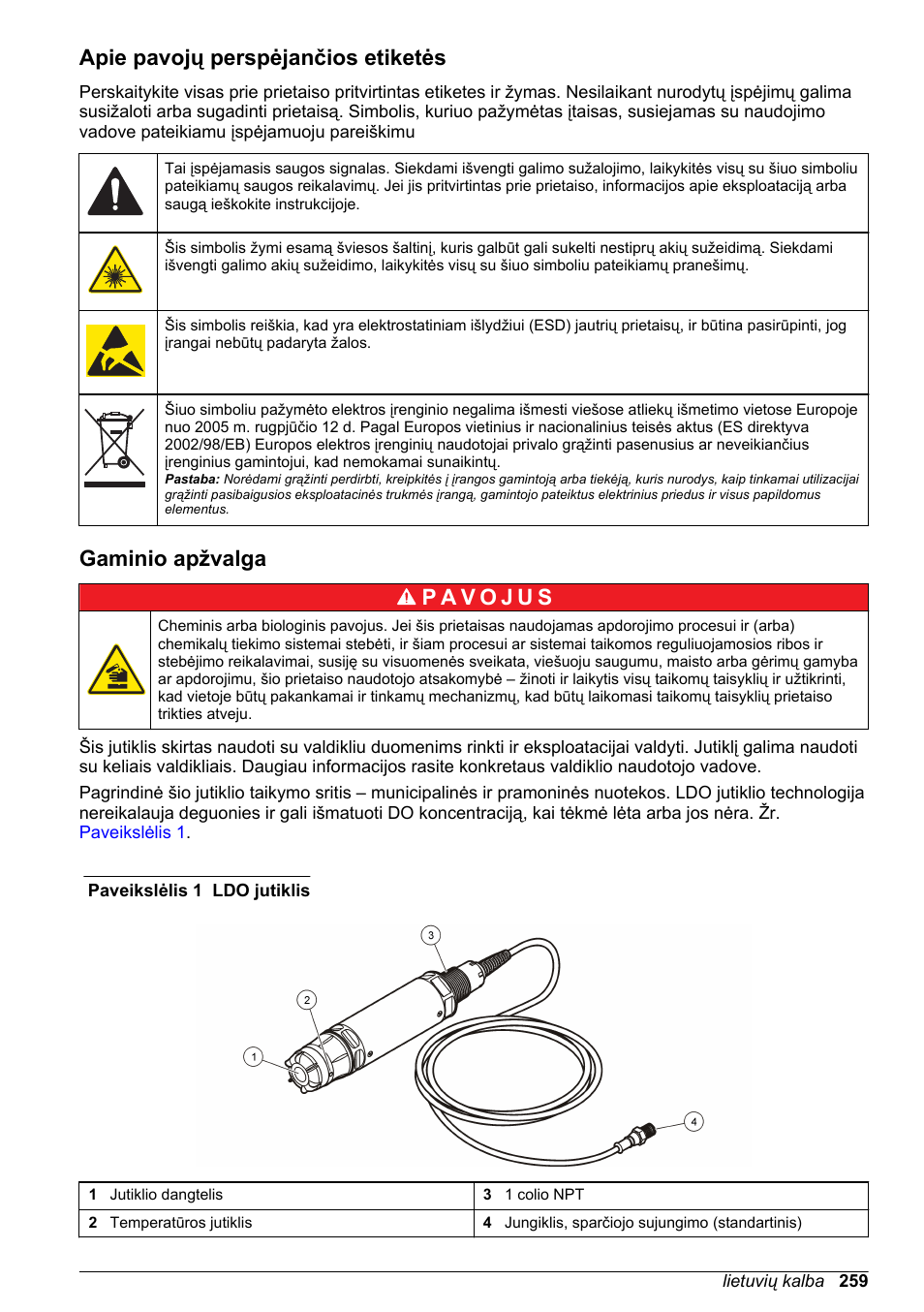 Apie pavojų perspėjančios etiketės, Gaminio apžvalga, Puslapyje | Hach-Lange LDO Sensor User Manual | Page 259 / 394