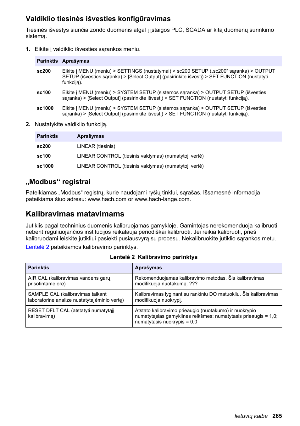 Valdiklio tiesinės išvesties konfigūravimas, Modbus“ registrai, Kalibravimas matavimams | Hach-Lange LDO Sensor User Manual | Page 265 / 394