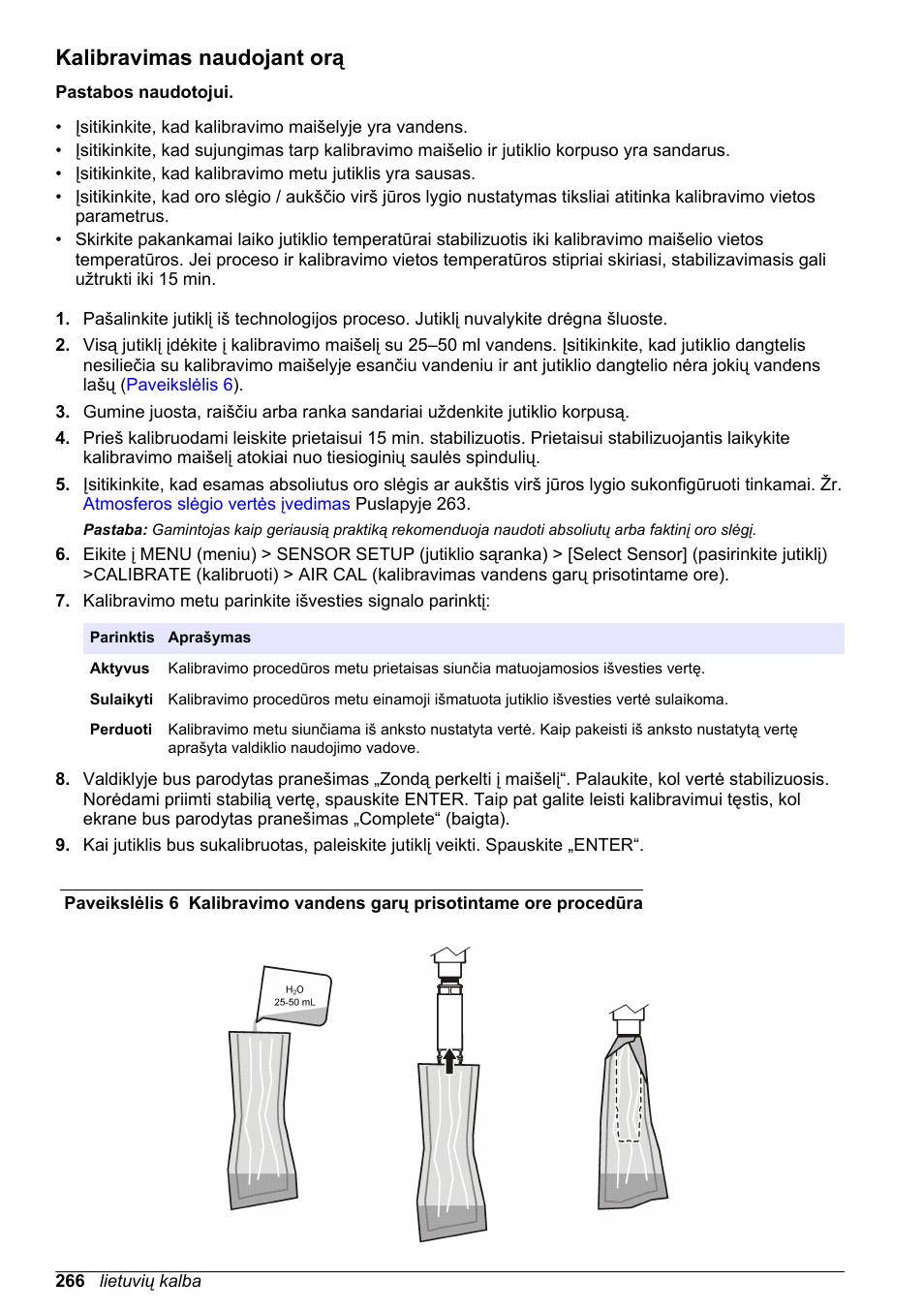 Kalibravimas naudojant orą, Kalibravimas, Naudojant orą | Hach-Lange LDO Sensor User Manual | Page 266 / 394
