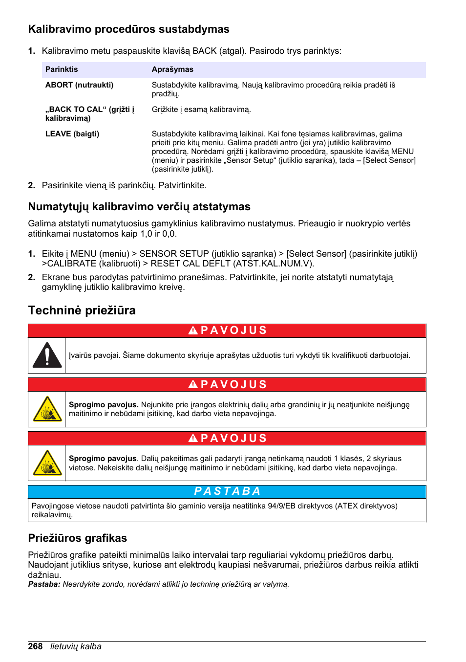 Kalibravimo procedūros sustabdymas, Numatytųjų kalibravimo verčių atstatymas, Techninė priežiūra | Priežiūros grafikas, Puslapyje | Hach-Lange LDO Sensor User Manual | Page 268 / 394