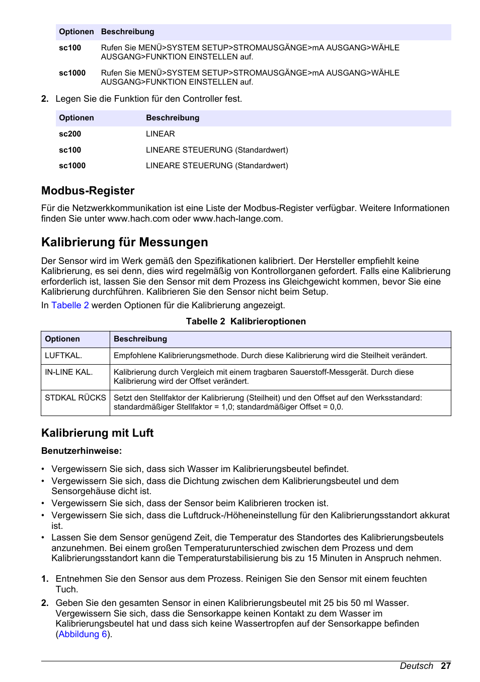 Modbus-register, Kalibrierung für messungen, Kalibrierung mit luft | Für die kalibrierung in gesättigter luft, Auf seite 27 | Hach-Lange LDO Sensor User Manual | Page 27 / 394
