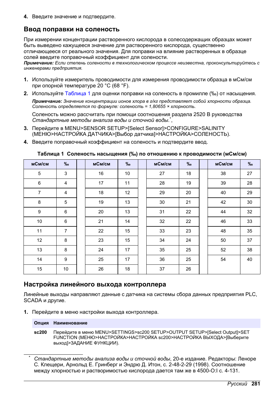 Ввод поправки на соленость, Настройка линейного выхода контроллера | Hach-Lange LDO Sensor User Manual | Page 281 / 394