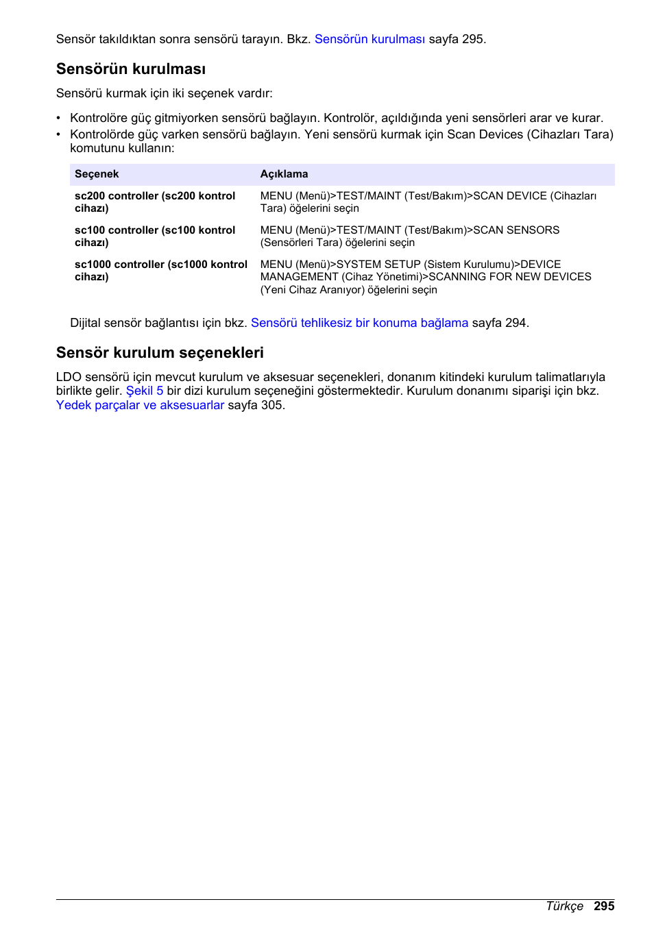 Sensörün kurulması, Sensör kurulum seçenekleri | Hach-Lange LDO Sensor User Manual | Page 295 / 394