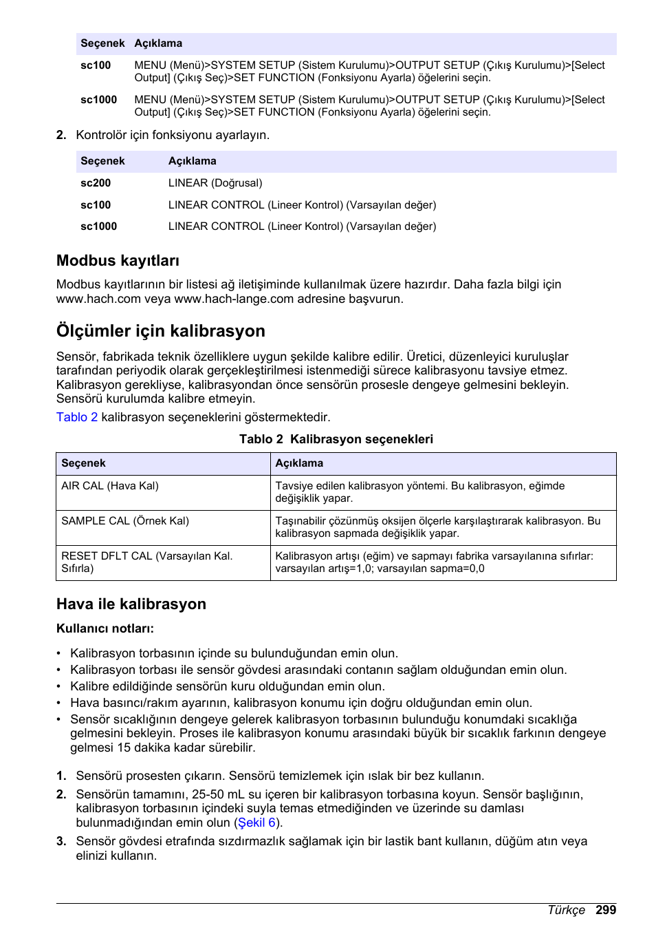 Modbus kayıtları, Ölçümler için kalibrasyon, Hava ile kalibrasyon | Sayfa 299 | Hach-Lange LDO Sensor User Manual | Page 299 / 394