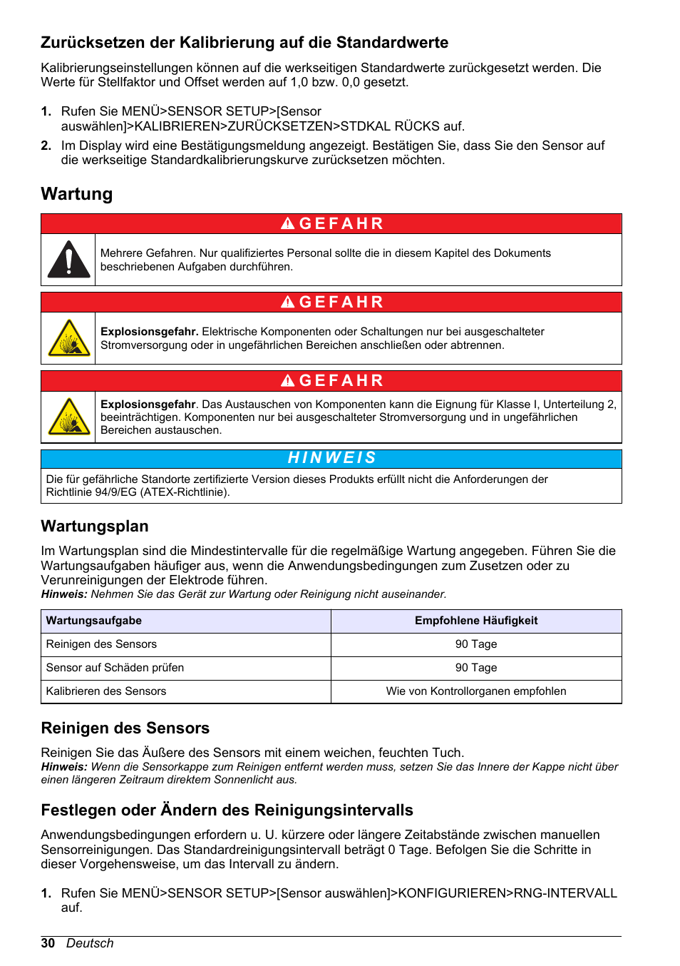 Wartung, Wartungsplan, Reinigen des sensors | Festlegen oder ändern des reinigungsintervalls | Hach-Lange LDO Sensor User Manual | Page 30 / 394