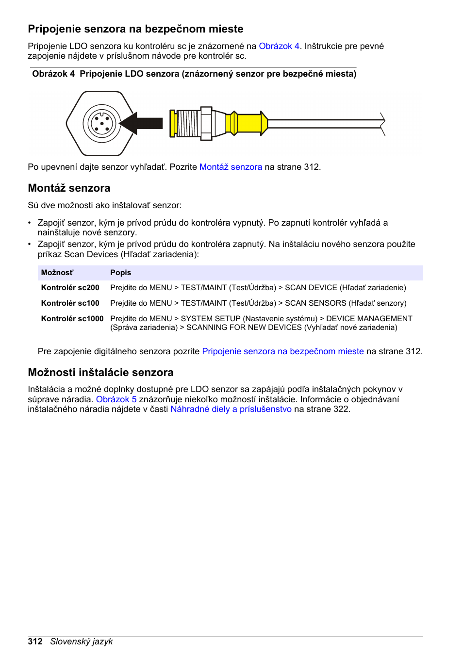Pripojenie senzora na bezpečnom mieste, Montáž senzora, Možnosti inštalácie senzora | Hach-Lange LDO Sensor User Manual | Page 312 / 394