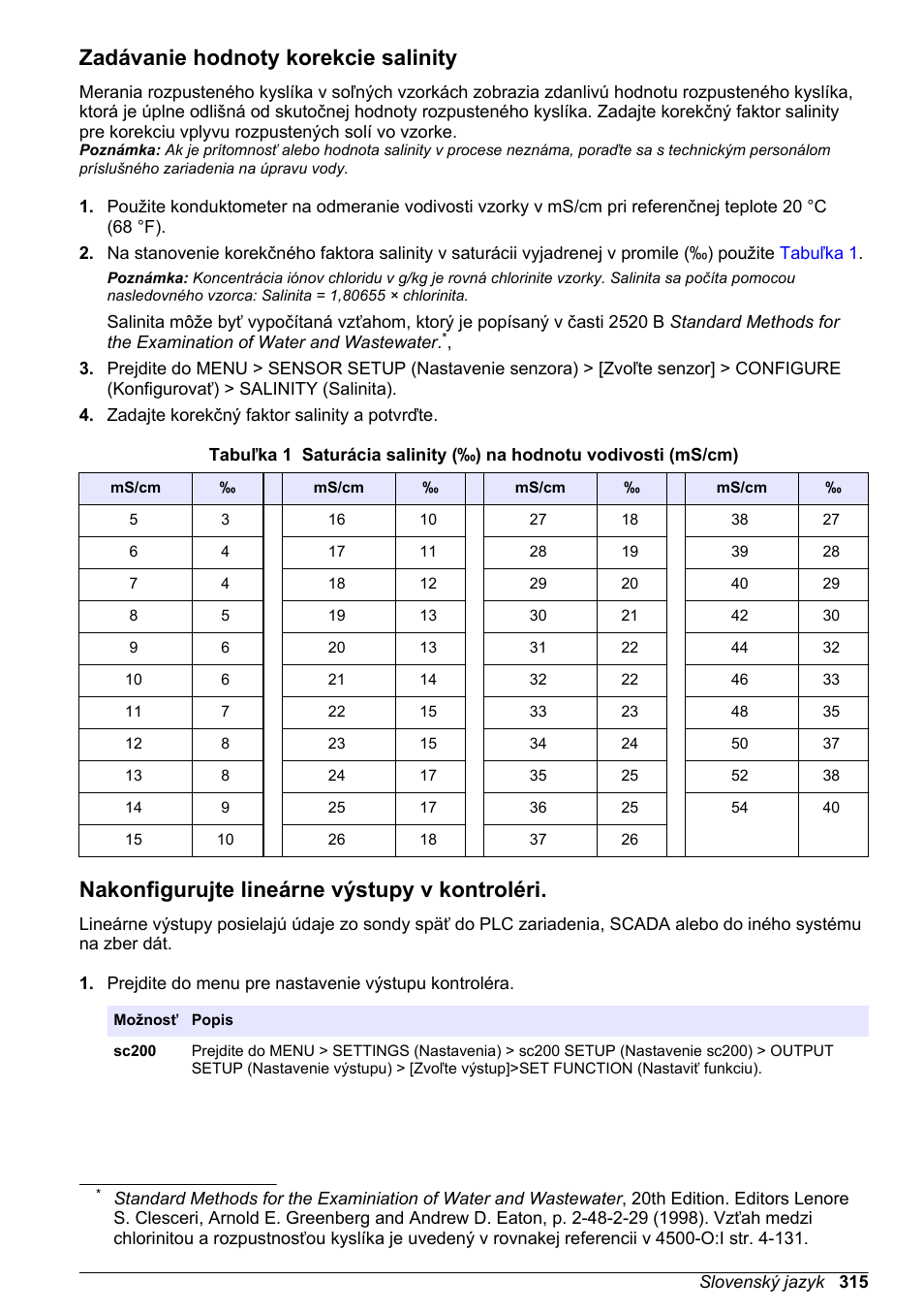 Zadávanie hodnoty korekcie salinity, Nakonfigurujte lineárne výstupy v kontroléri | Hach-Lange LDO Sensor User Manual | Page 315 / 394