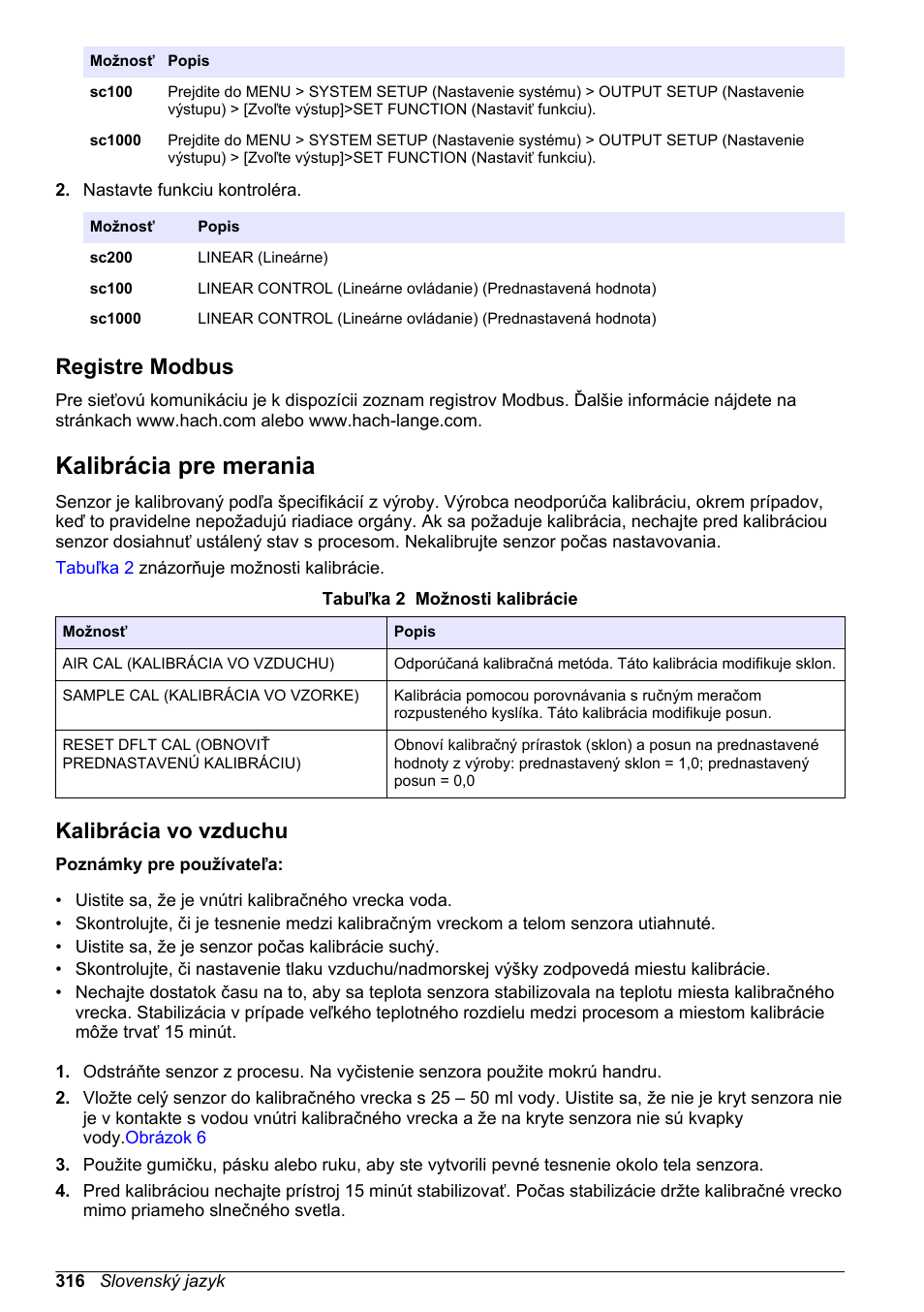 Registre modbus, Kalibrácia pre merania, Kalibrácia vo vzduchu | Na strane | Hach-Lange LDO Sensor User Manual | Page 316 / 394