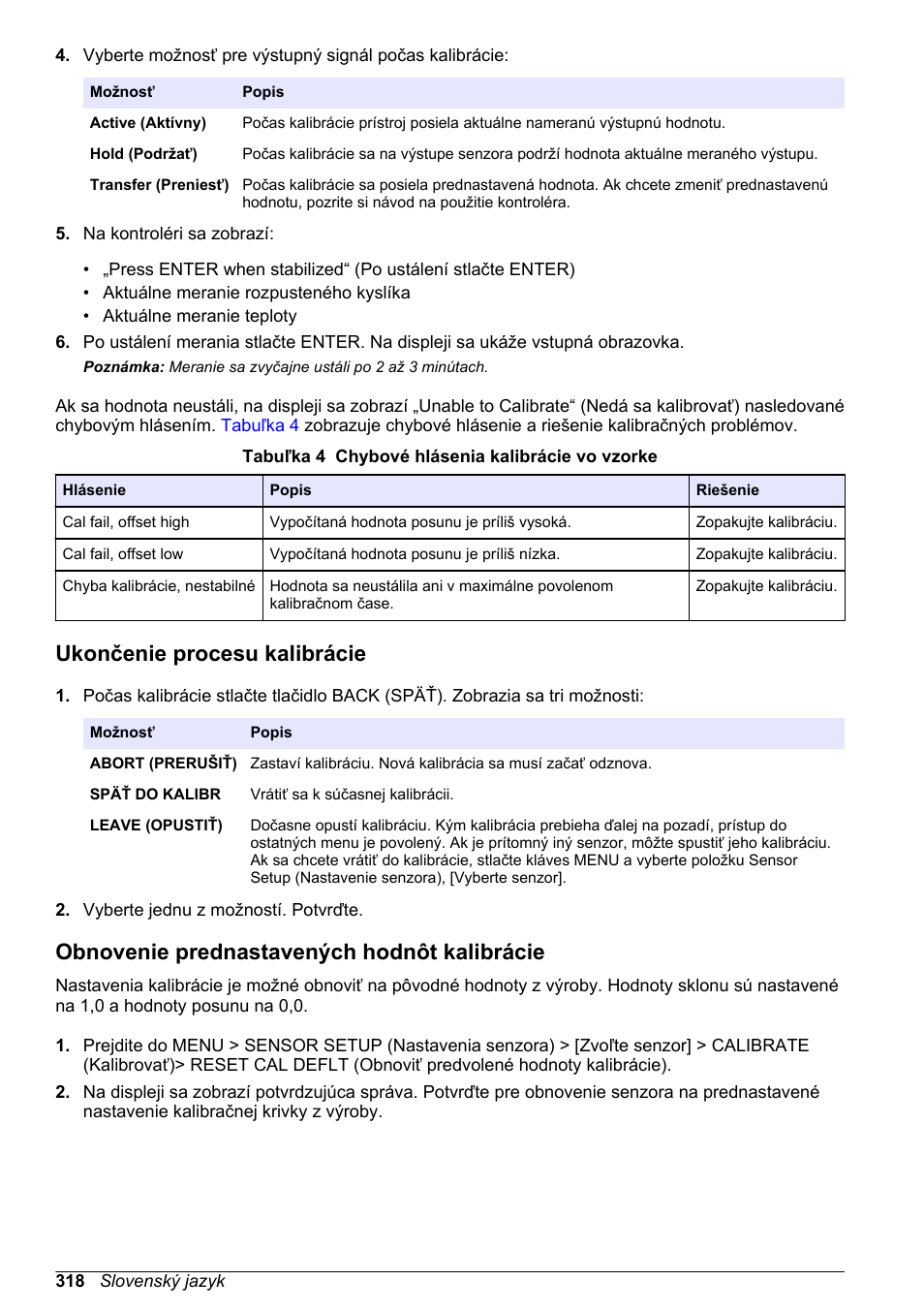Ukončenie procesu kalibrácie, Obnovenie prednastavených hodnôt kalibrácie | Hach-Lange LDO Sensor User Manual | Page 318 / 394
