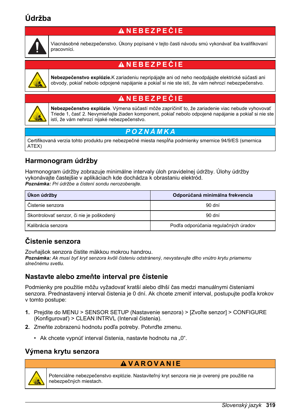 Údržba, Harmonogram údržby, Čistenie senzora | Nastavte alebo zmeňte interval pre čistenie, Výmena krytu senzora, Na strane 319 | Hach-Lange LDO Sensor User Manual | Page 319 / 394