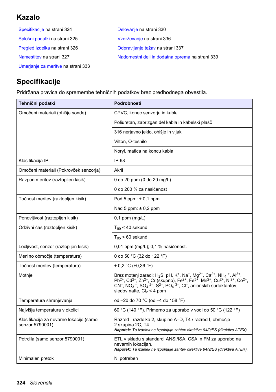 Navodila za uporabo, Kazalo, Specifikacije | Slovenski, 324 slovenski | Hach-Lange LDO Sensor User Manual | Page 324 / 394