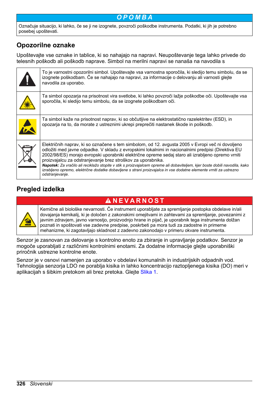 Opozorilne oznake, Pregled izdelka, Na strani 326 | Hach-Lange LDO Sensor User Manual | Page 326 / 394