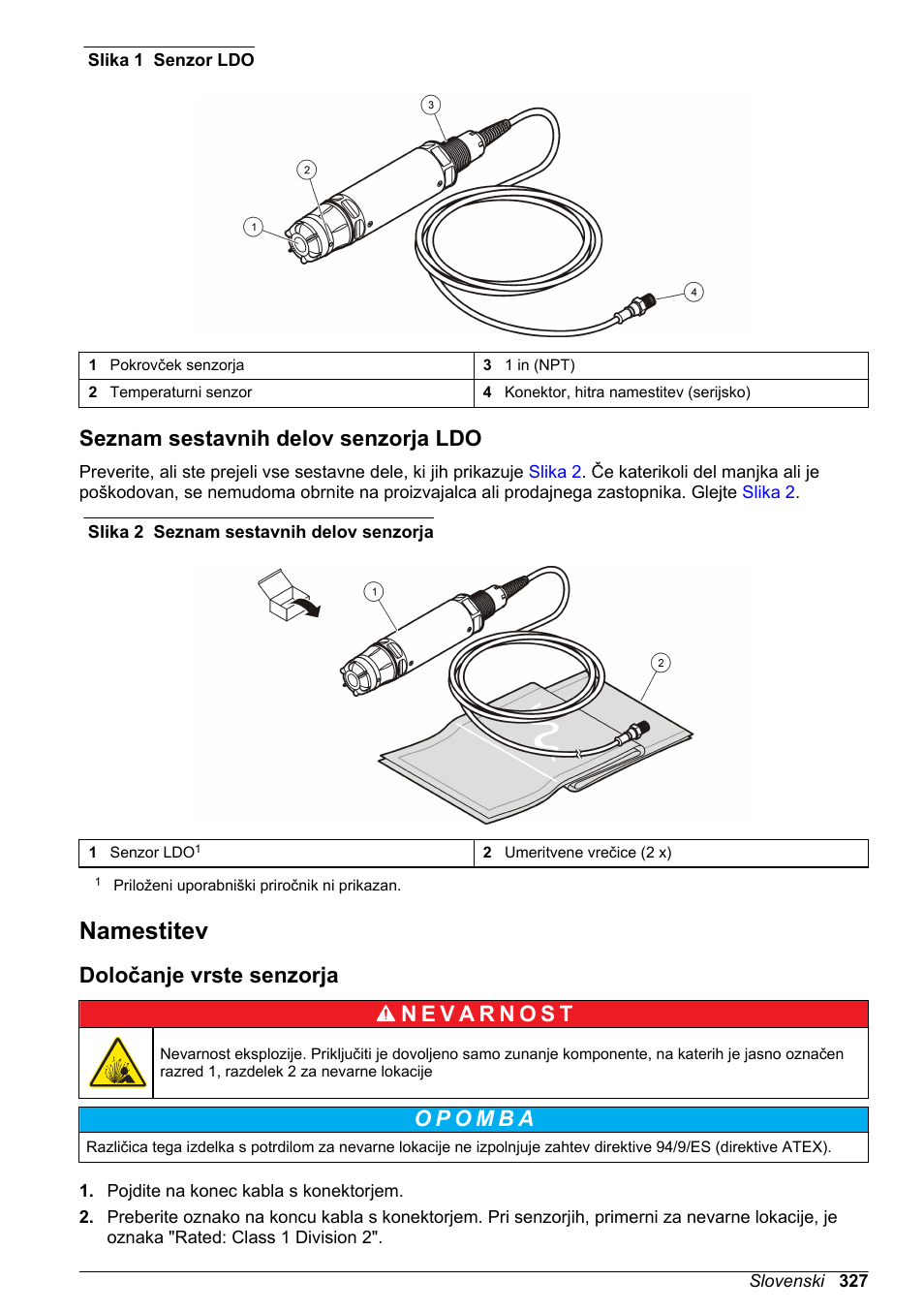 Seznam sestavnih delov senzorja ldo, Namestitev, Določanje vrste senzorja | Na strani 327 | Hach-Lange LDO Sensor User Manual | Page 327 / 394