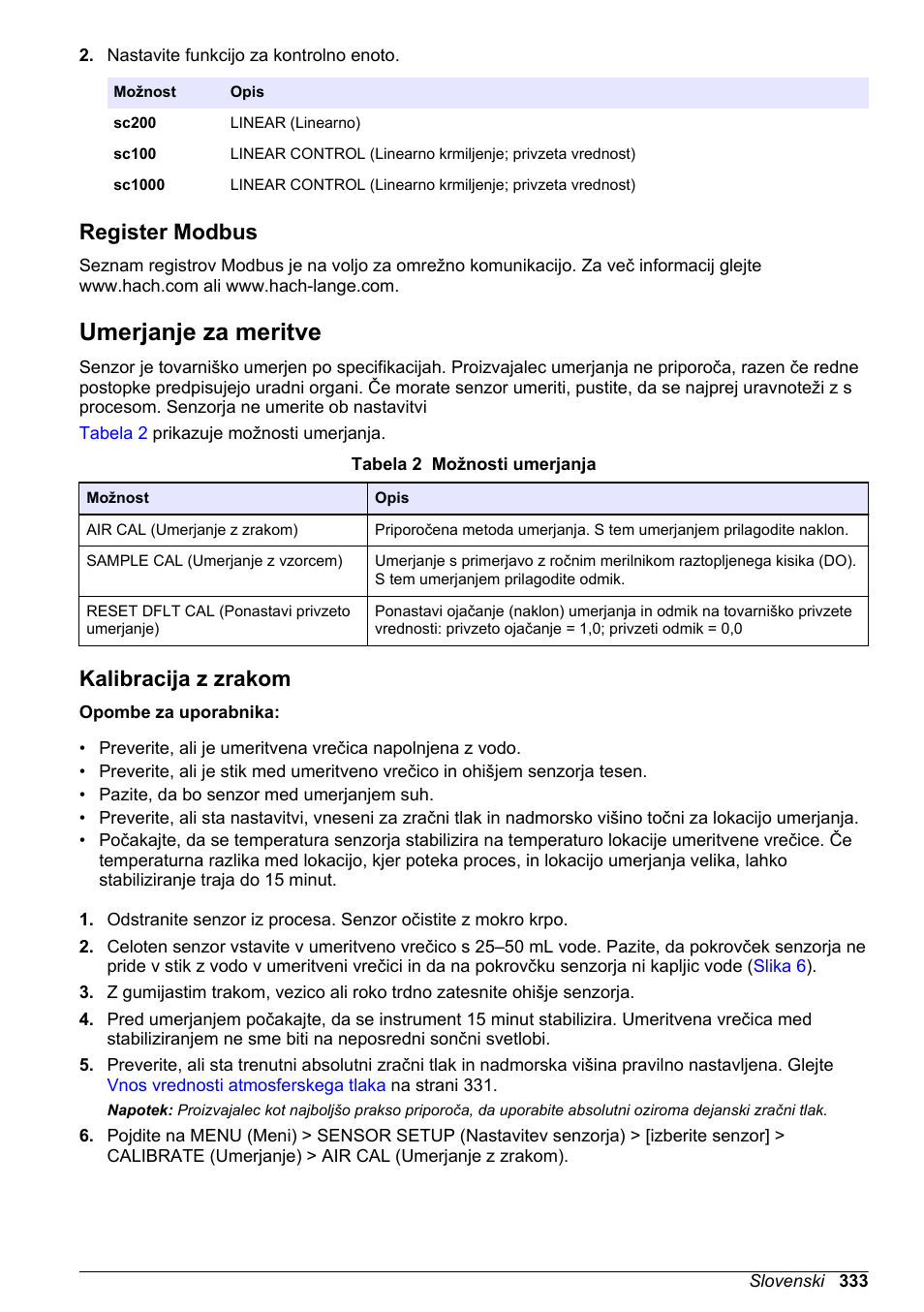 Register modbus, Umerjanje za meritve, Kalibracija z zrakom | Hach-Lange LDO Sensor User Manual | Page 333 / 394