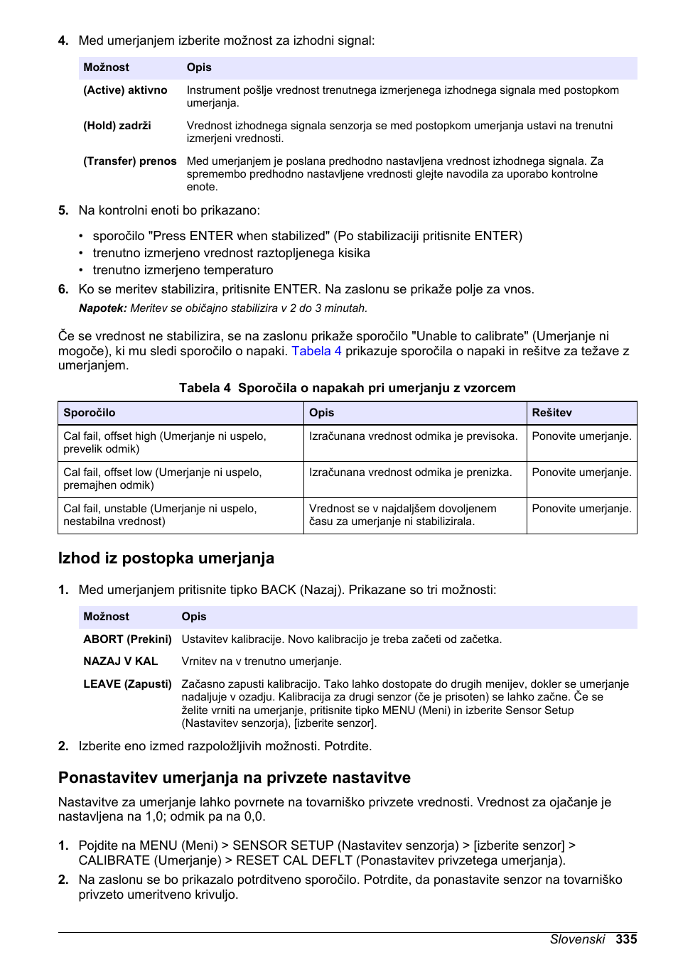 Izhod iz postopka umerjanja, Ponastavitev umerjanja na privzete nastavitve | Hach-Lange LDO Sensor User Manual | Page 335 / 394