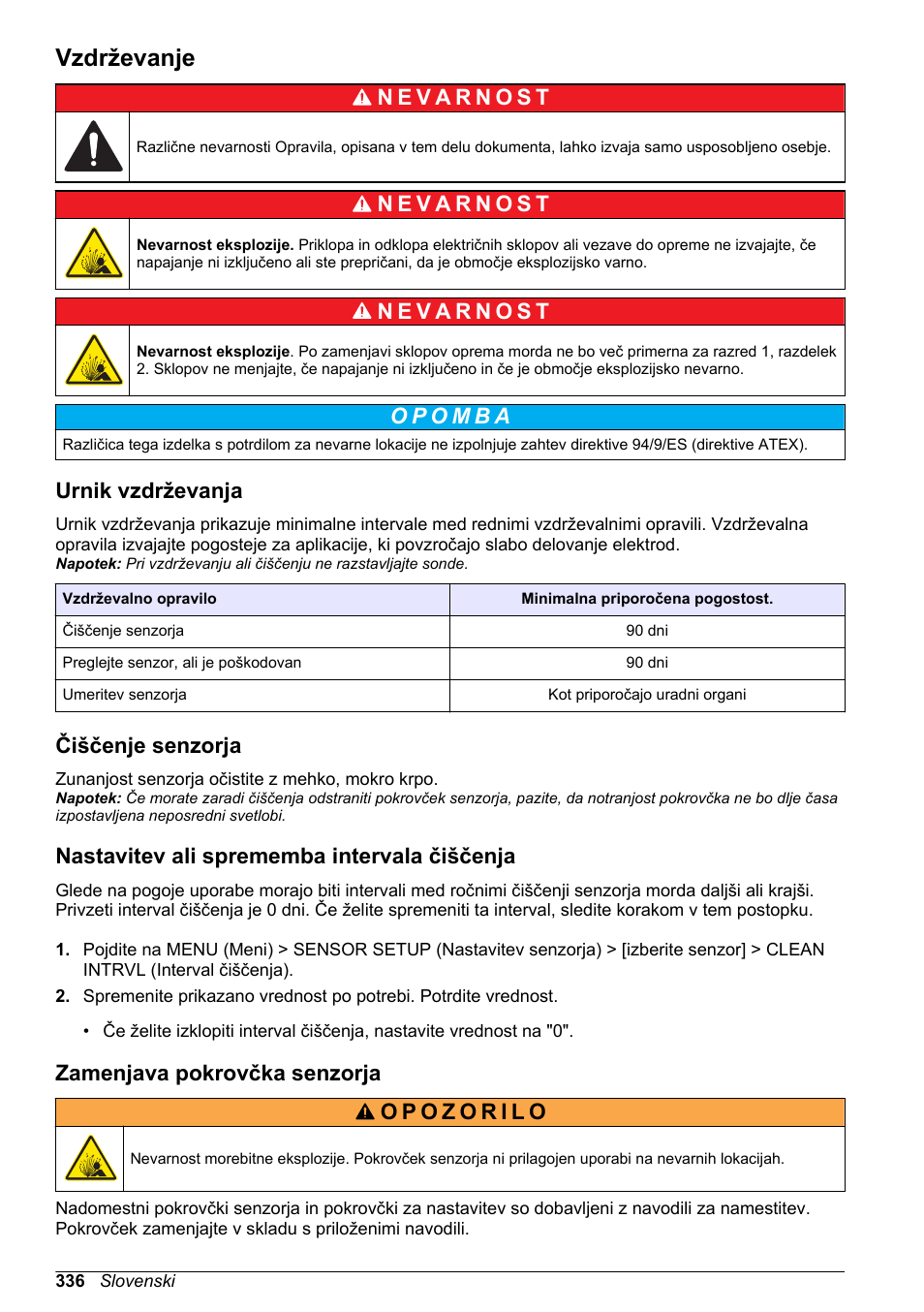 Vzdrževanje, Urnik vzdrževanja, Čiščenje senzorja | Nastavitev ali sprememba intervala čiščenja, Zamenjava pokrovčka senzorja | Hach-Lange LDO Sensor User Manual | Page 336 / 394