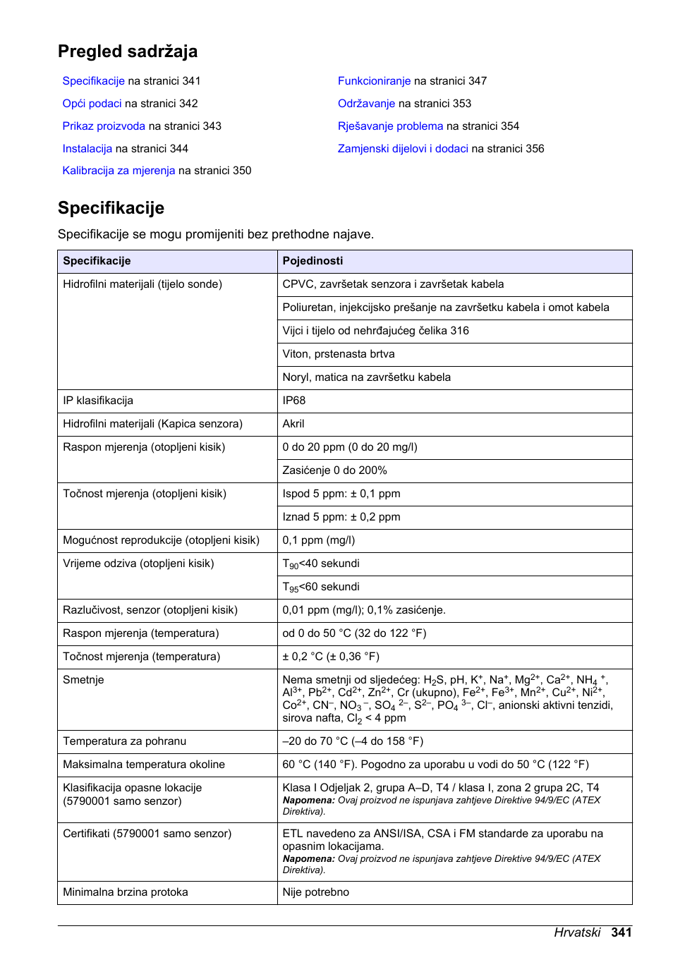Korisnički priručnik, Pregled sadržaja, Specifikacije | Hrvatski, Hrvatski 341 | Hach-Lange LDO Sensor User Manual | Page 341 / 394
