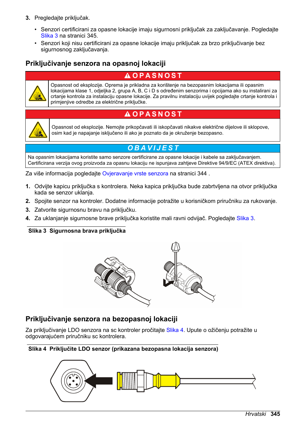 Priključivanje senzora na opasnoj lokaciji, Priključivanje senzora na bezopasnoj lokaciji | Hach-Lange LDO Sensor User Manual | Page 345 / 394