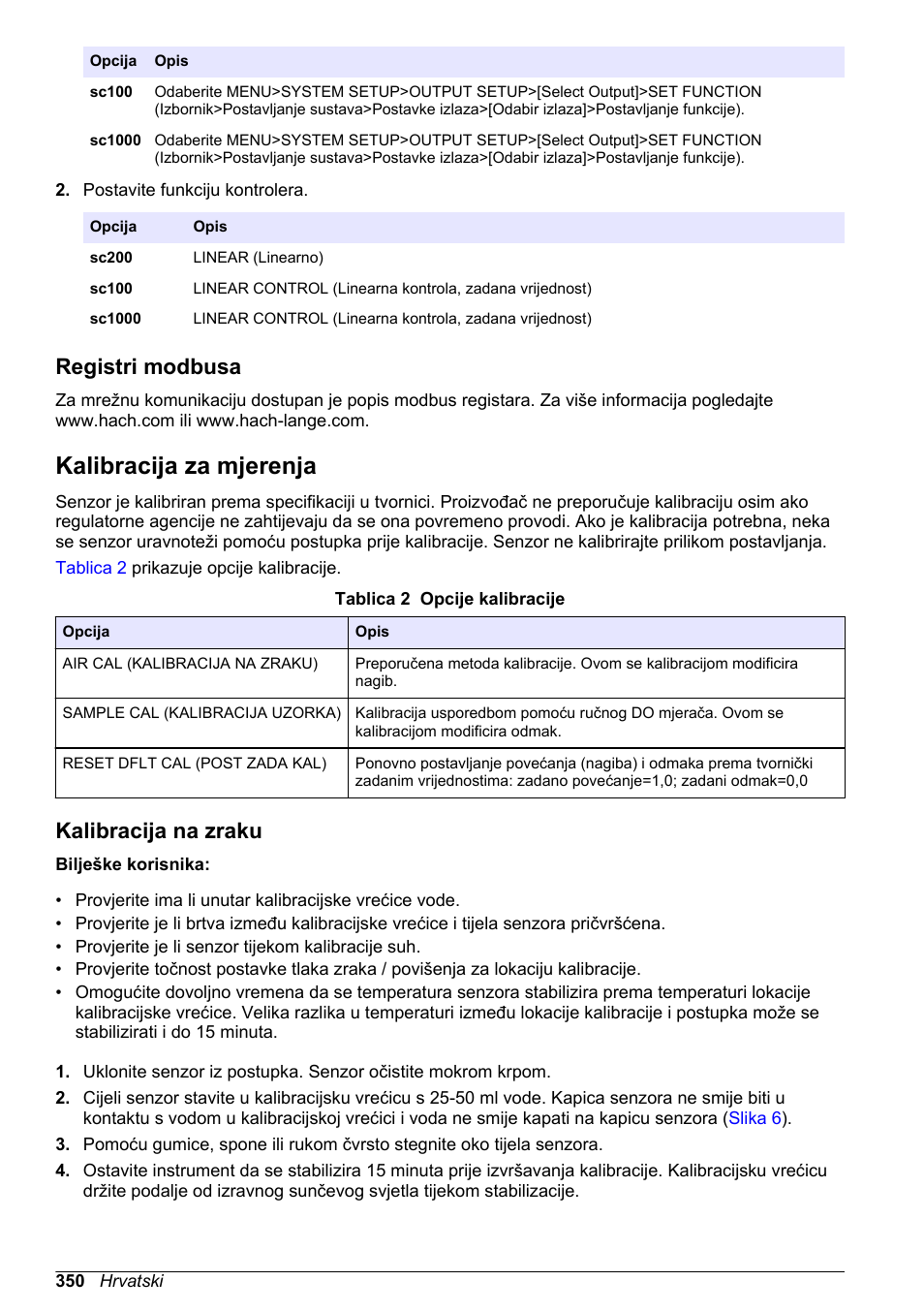 Registri modbusa, Kalibracija za mjerenja, Kalibracija na zraku | Hach-Lange LDO Sensor User Manual | Page 350 / 394