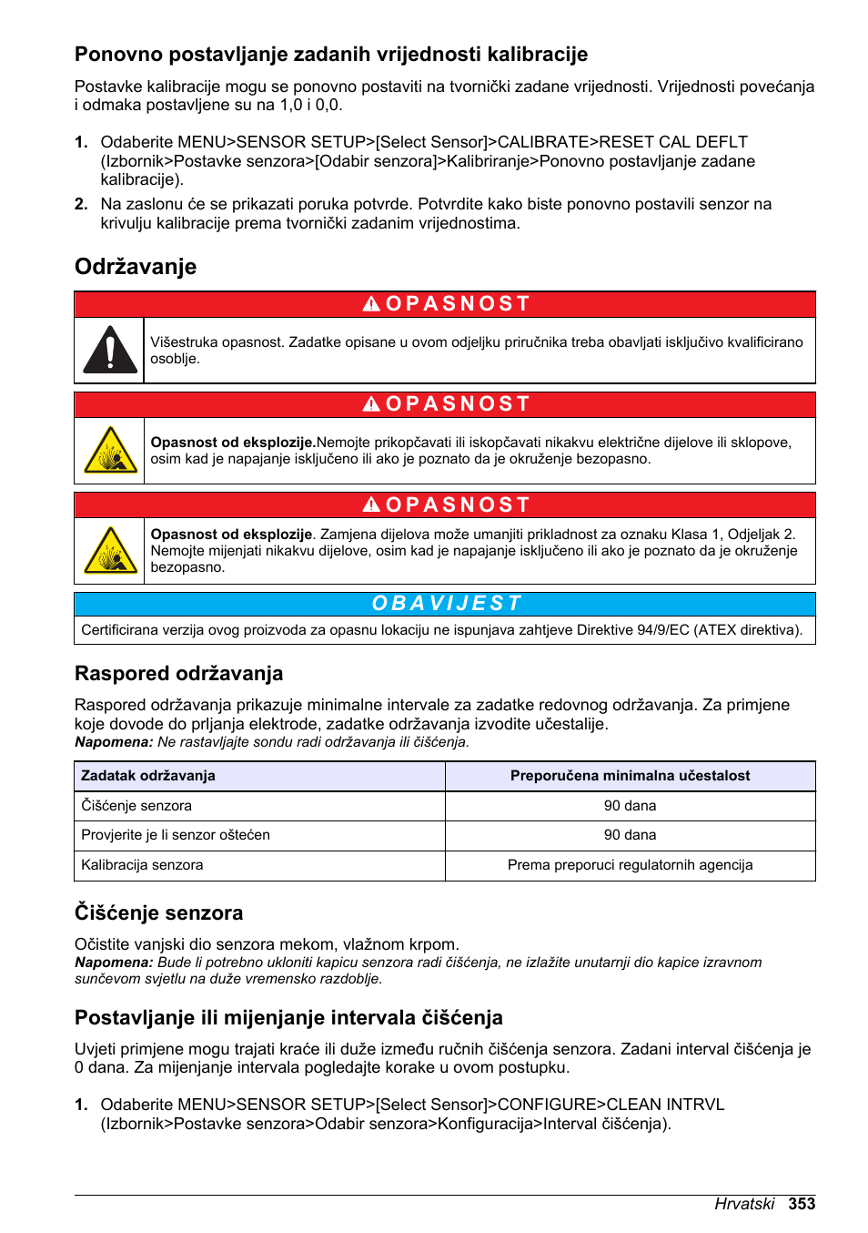 Održavanje, Raspored održavanja, Čišćenje senzora | Postavljanje ili mijenjanje intervala čišćenja, Na stranici | Hach-Lange LDO Sensor User Manual | Page 353 / 394