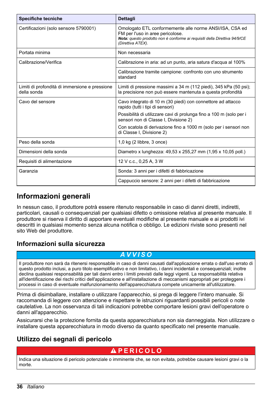 Informazioni generali, Informazioni sulla sicurezza, Utilizzo dei segnali di pericolo | Hach-Lange LDO Sensor User Manual | Page 36 / 394
