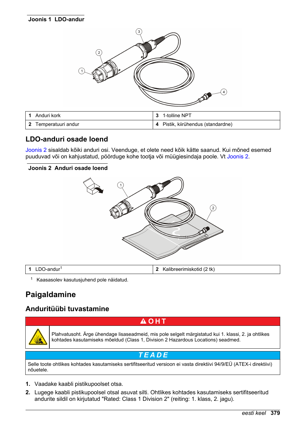 Ldo-anduri osade loend, Paigaldamine, Anduritüübi tuvastamine | Anduritüübi tuvastamine o h t | Hach-Lange LDO Sensor User Manual | Page 379 / 394