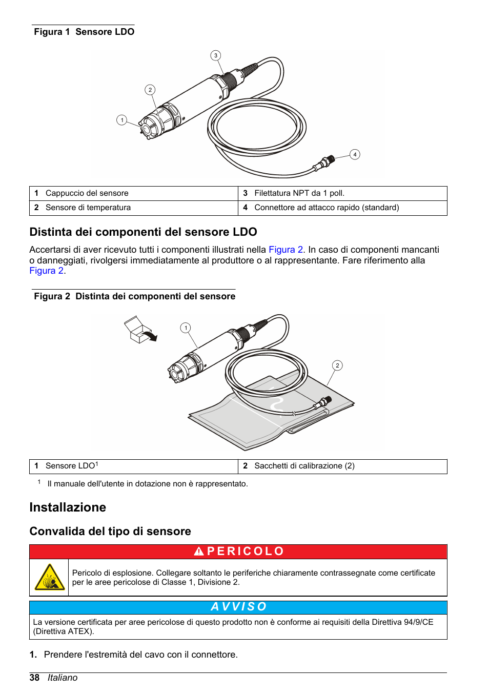 Distinta dei componenti del sensore ldo, Installazione, Convalida del tipo di sensore | Hach-Lange LDO Sensor User Manual | Page 38 / 394