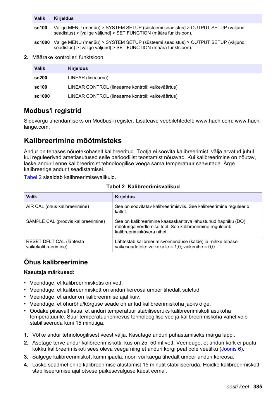 Modbus'i registrid, Kalibreerimine mõõtmisteks, Õhus kalibreerimine | Hach-Lange LDO Sensor User Manual | Page 385 / 394