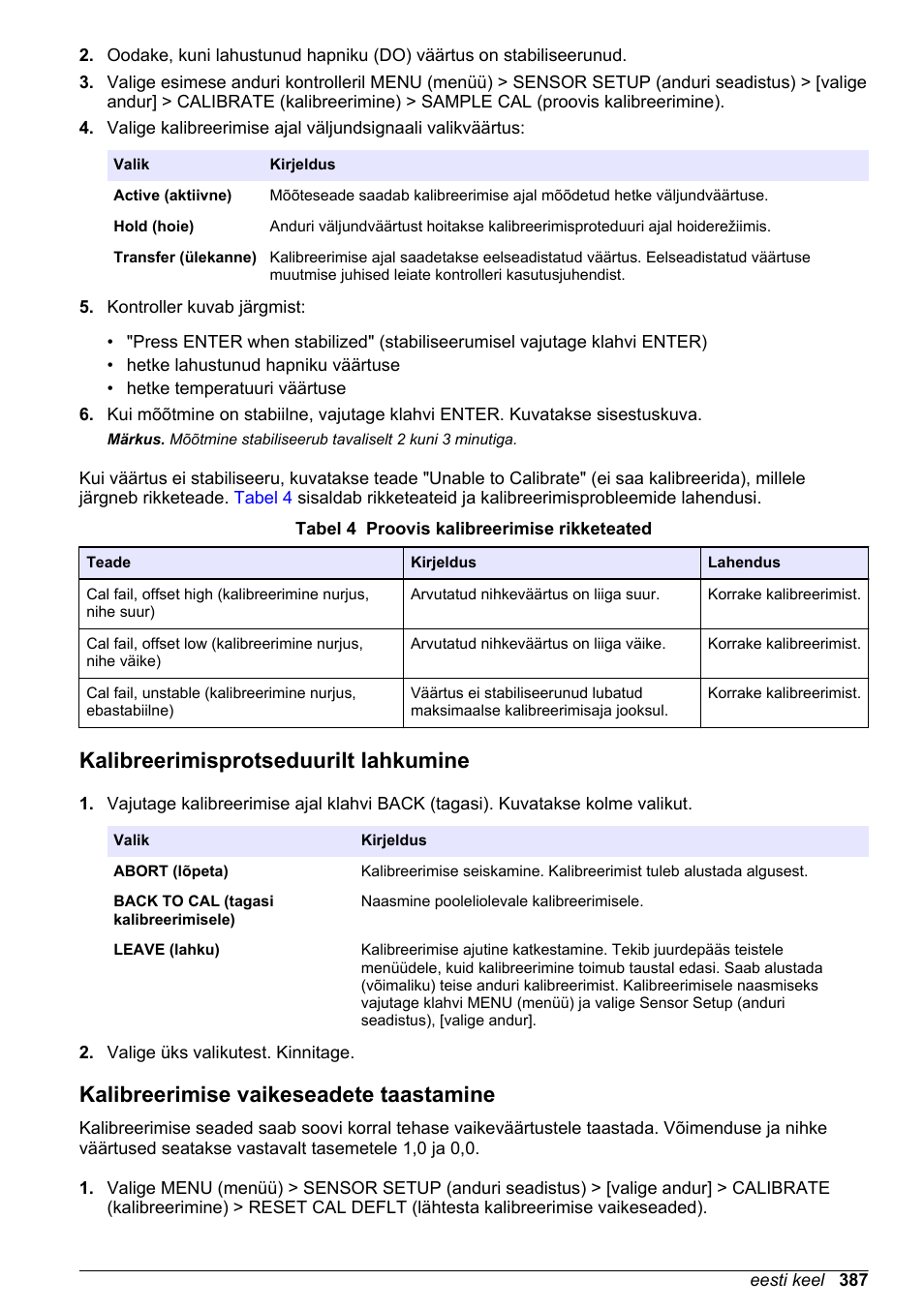 Kalibreerimisprotseduurilt lahkumine, Kalibreerimise vaikeseadete taastamine | Hach-Lange LDO Sensor User Manual | Page 387 / 394