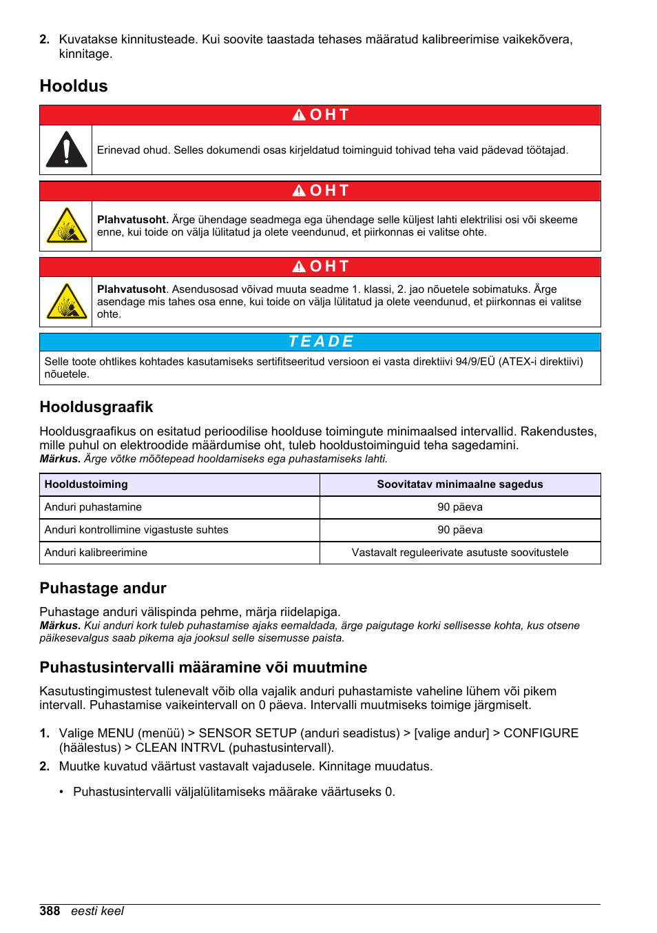 Hooldus, Hooldusgraafik, Puhastage andur | Puhastusintervalli määramine või muutmine, O h t | Hach-Lange LDO Sensor User Manual | Page 388 / 394