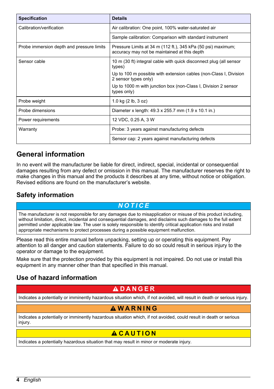 General information, Safety information, Use of hazard information | Hach-Lange LDO Sensor User Manual | Page 4 / 394