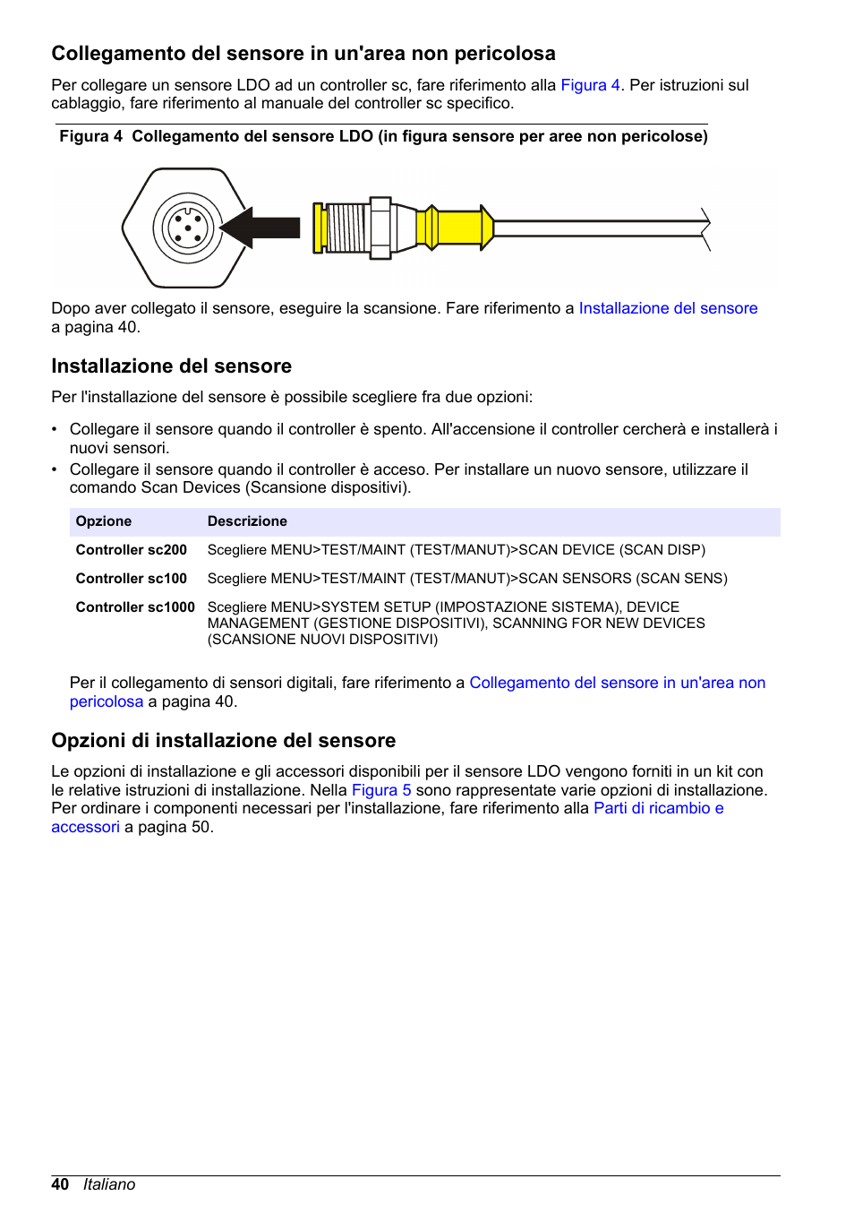 Collegamento del sensore in un'area non pericolosa, Installazione del sensore, Opzioni di installazione del sensore | Hach-Lange LDO Sensor User Manual | Page 40 / 394