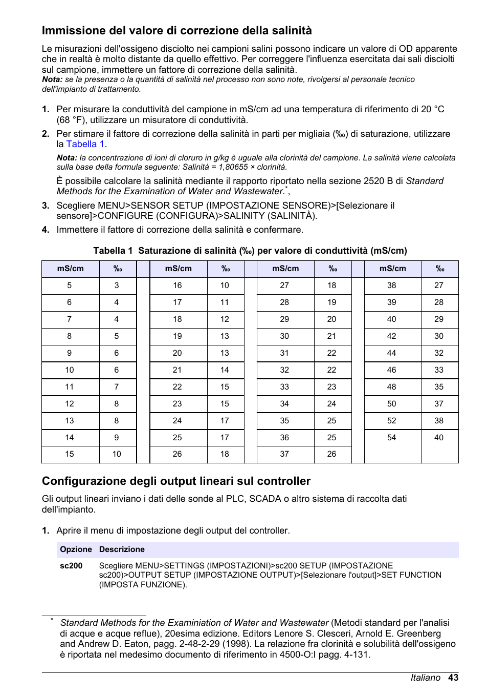 Immissione del valore di correzione della salinità, Configurazione degli output lineari sul controller | Hach-Lange LDO Sensor User Manual | Page 43 / 394