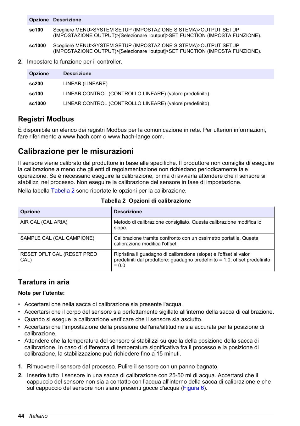 Registri modbus, Calibrazione per le misurazioni, Taratura in aria | Hach-Lange LDO Sensor User Manual | Page 44 / 394