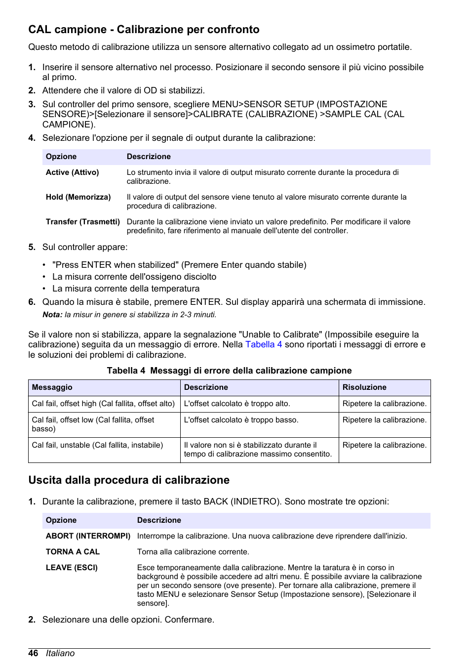 Cal campione - calibrazione per confronto, Uscita dalla procedura di calibrazione | Hach-Lange LDO Sensor User Manual | Page 46 / 394