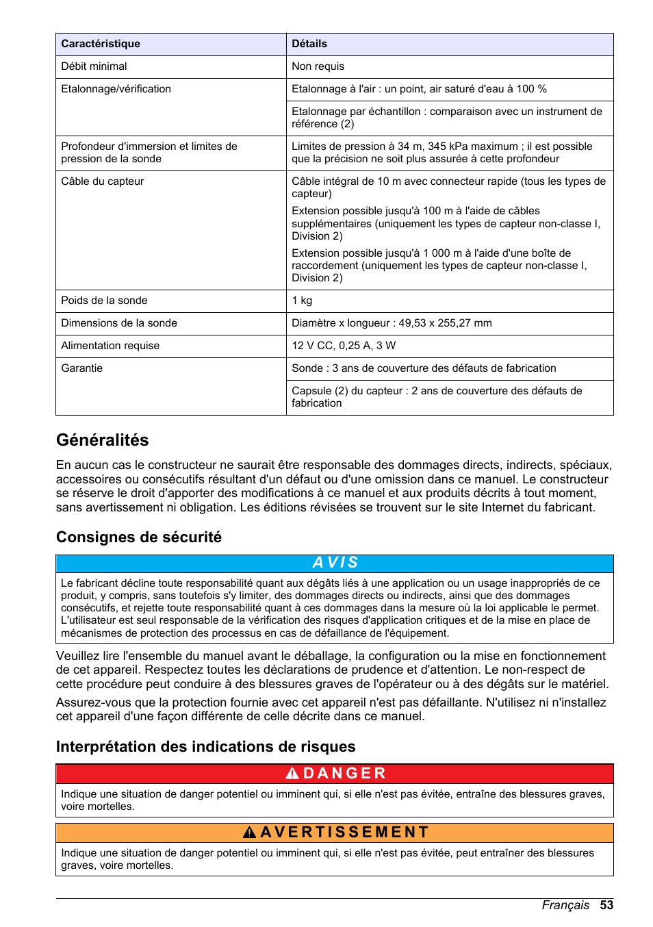 Généralités, Consignes de sécurité, Interprétation des indications de risques | Hach-Lange LDO Sensor User Manual | Page 53 / 394
