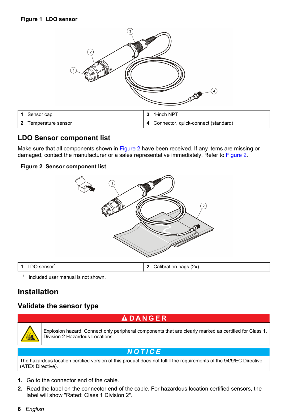Ldo sensor component list, Installation, Validate the sensor type | Hach-Lange LDO Sensor User Manual | Page 6 / 394