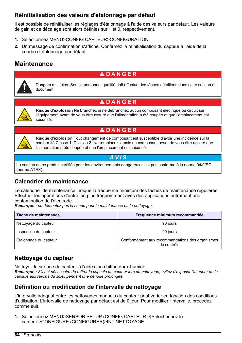 Maintenance, Calendrier de maintenance, Nettoyage du capteur | A v i s | Hach-Lange LDO Sensor User Manual | Page 64 / 394
