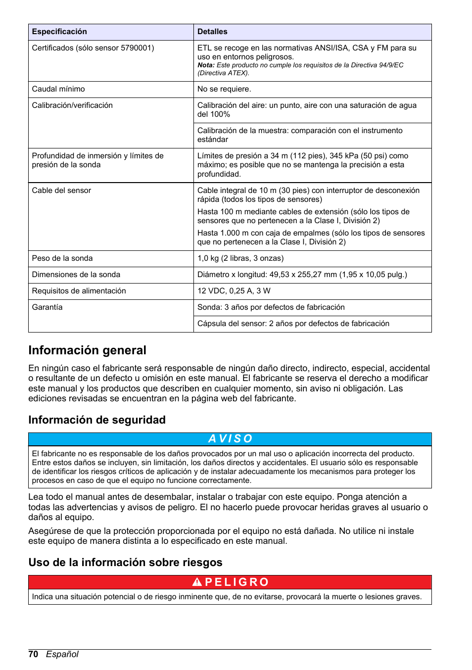 Información general, Información de seguridad, Uso de la información sobre riesgos | Hach-Lange LDO Sensor User Manual | Page 70 / 394