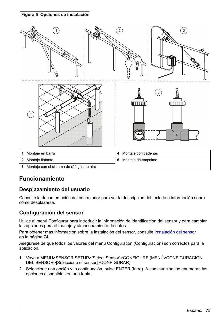 Funcionamiento, Desplazamiento del usuario, Configuración del sensor | Figura 5 | Hach-Lange LDO Sensor User Manual | Page 75 / 394
