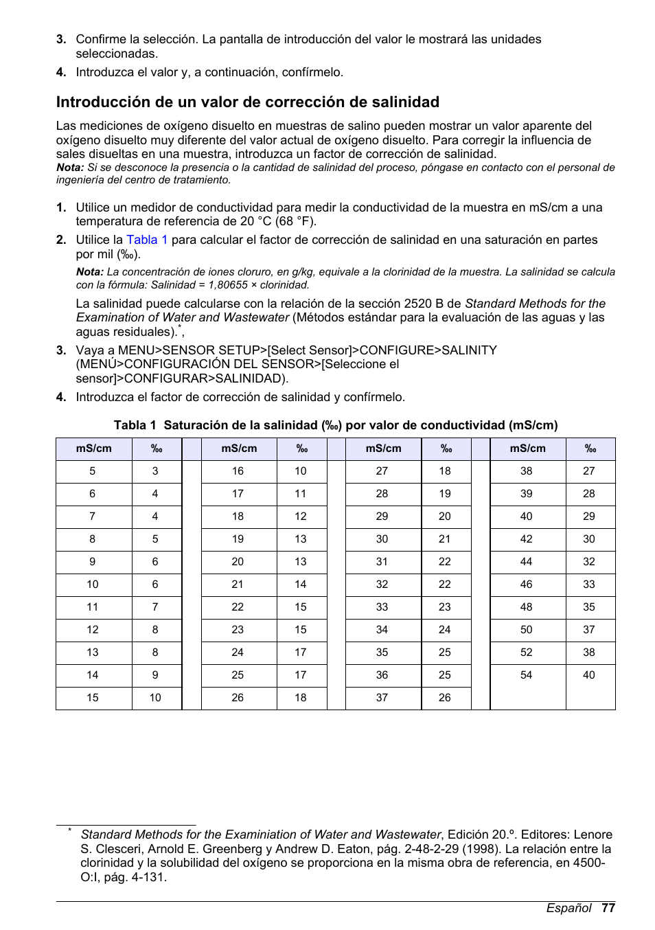 250,000 partes por mil (‰). consulte, Introducción de un valor de corrección, De salinidad | Hach-Lange LDO Sensor User Manual | Page 77 / 394