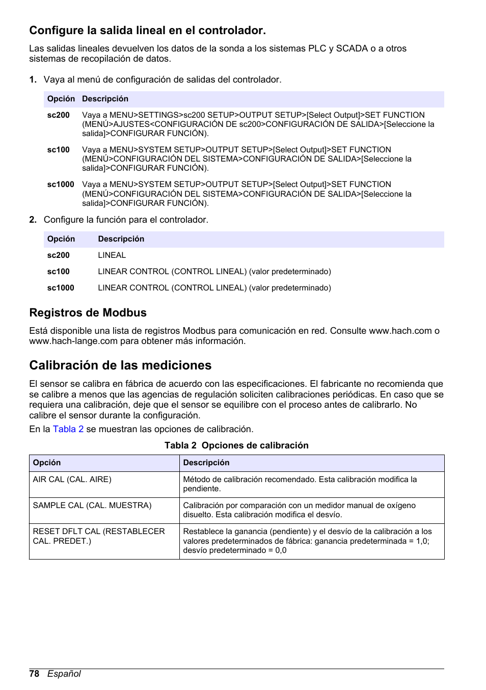 Configure la salida lineal en el controlador, Registros de modbus, Calibración de las mediciones | Hach-Lange LDO Sensor User Manual | Page 78 / 394