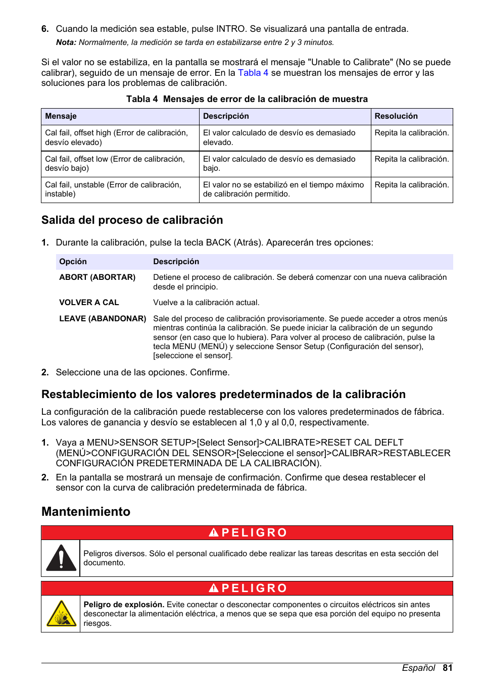 Salida del proceso de calibración, Mantenimiento | Hach-Lange LDO Sensor User Manual | Page 81 / 394
